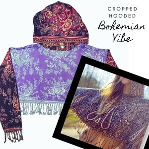 Crop Top Bohemian Gypsy Hooded Fringed- Reclaimed Pashmina- Never Worn soft